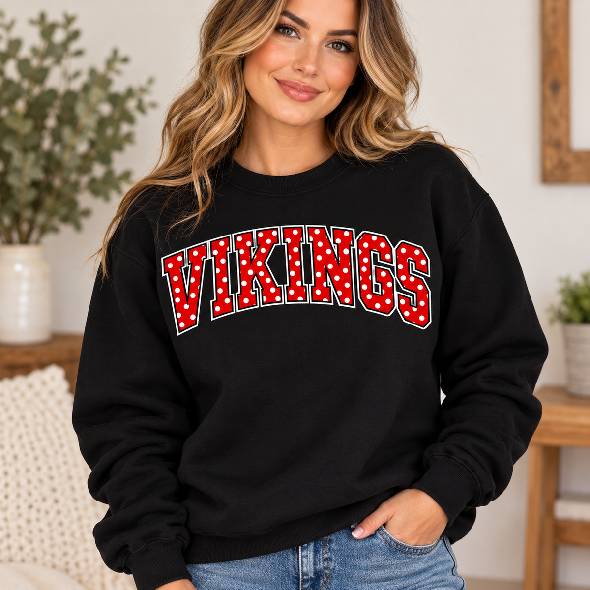 Woman modeling black Petersburg Vikings polka dot crewneck