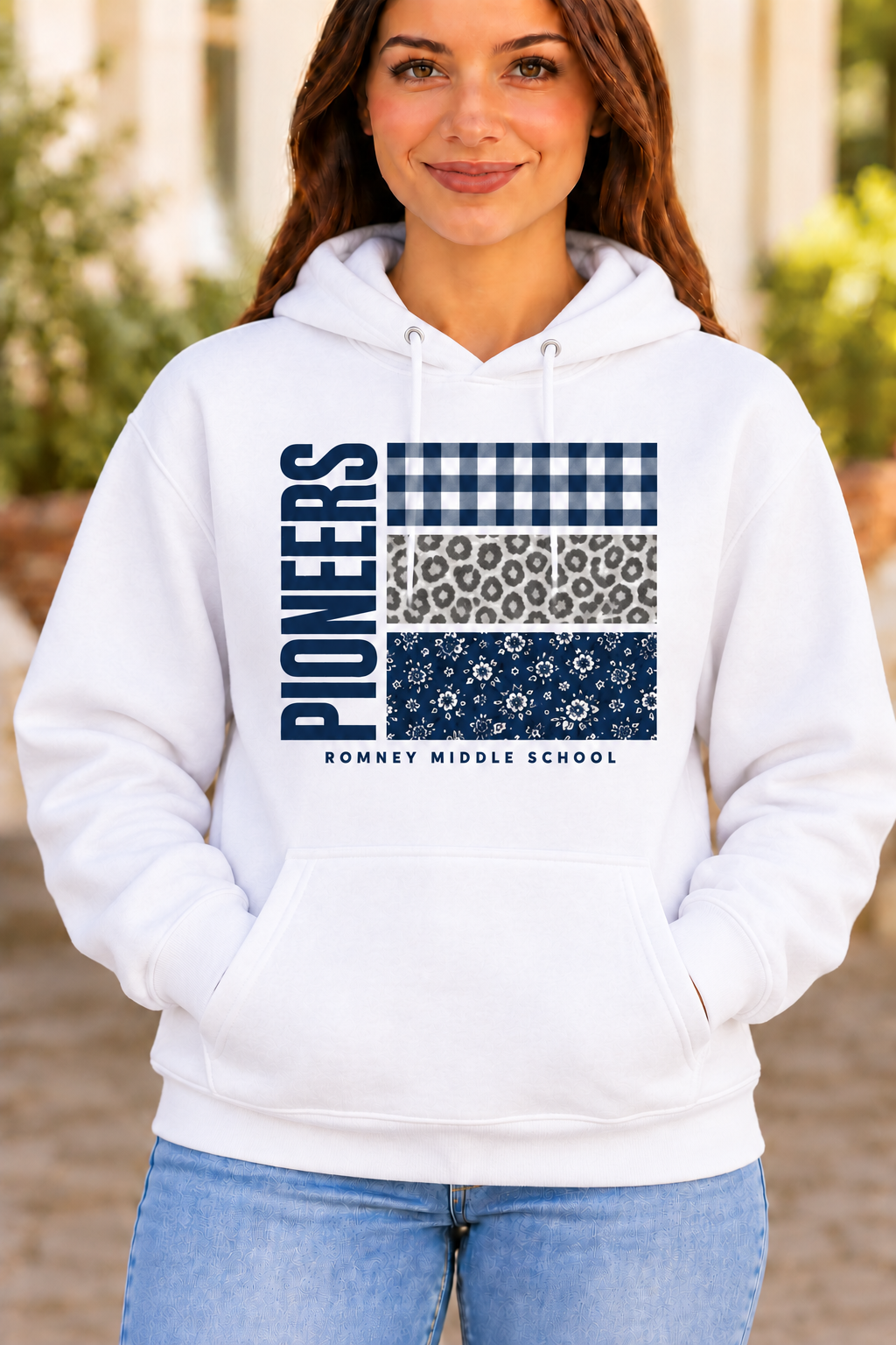 Romney Pioneers Patterned Fabric Collage White Hoodie