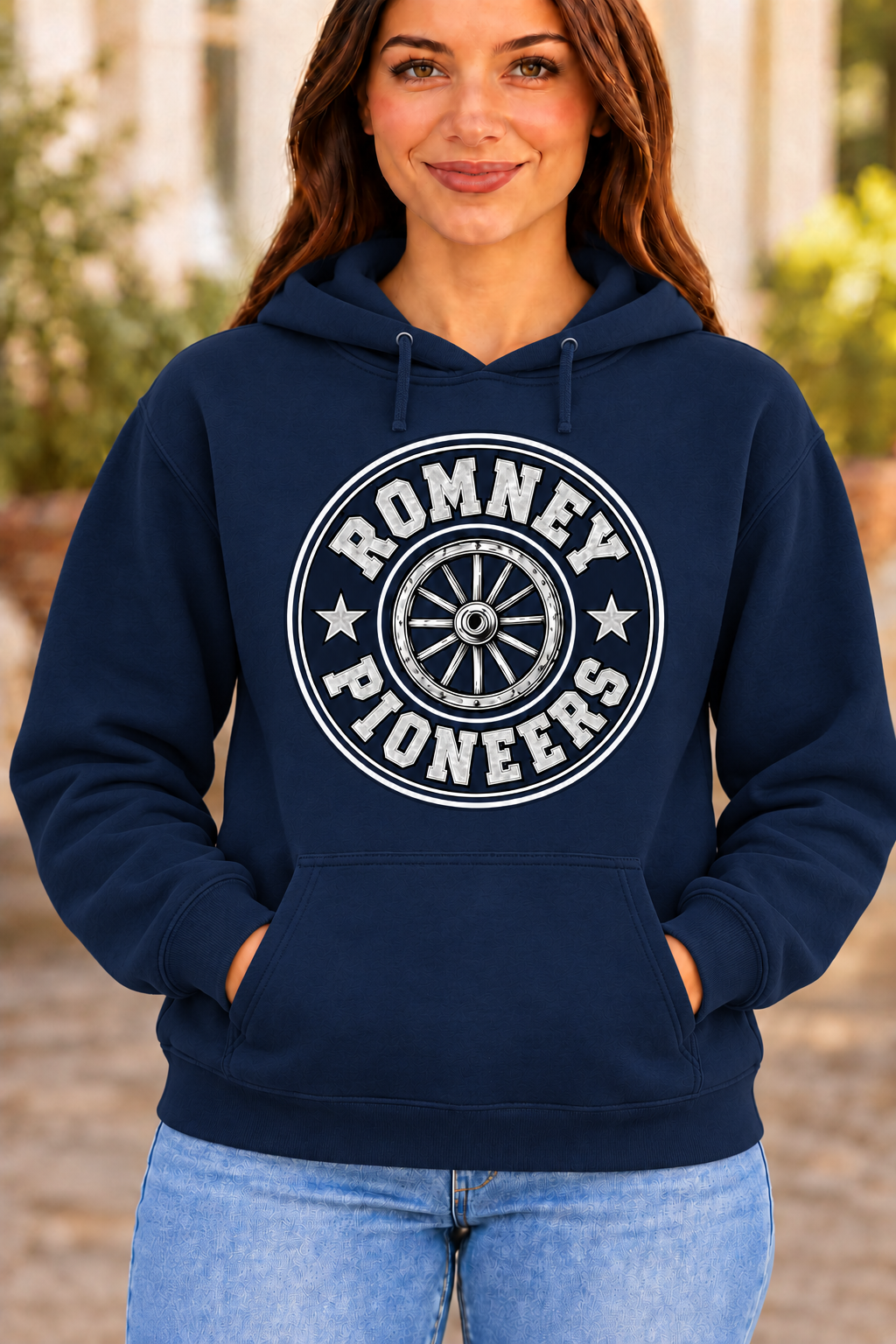 Romney Pioneers Wagon Wheel Crest Navy Hoodie