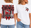 Front and back views of white Petersburg Vikings T-shirt on a woman