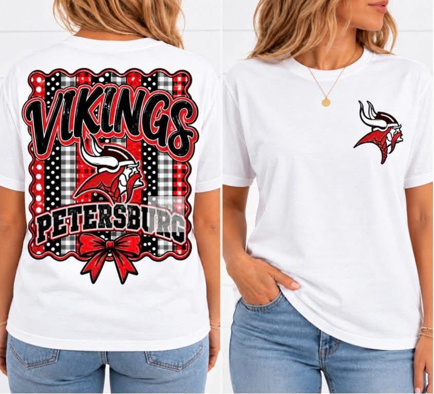 Front and back views of white Petersburg Vikings T-shirt on a woman