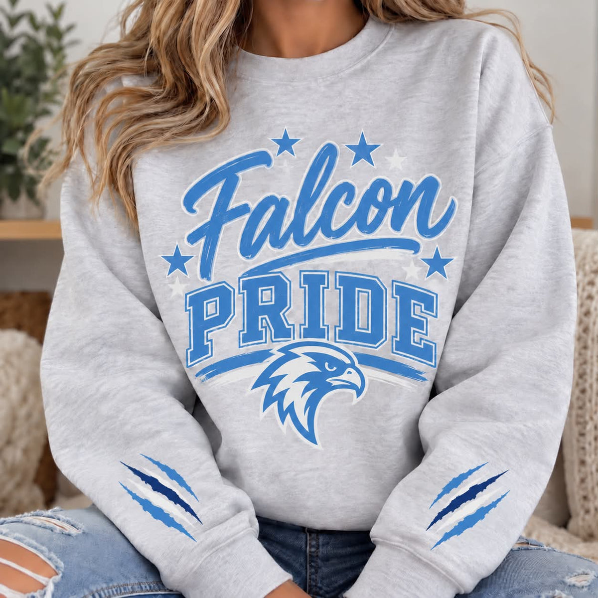 Falcon Pride ash crewneck with prints on both sleeves