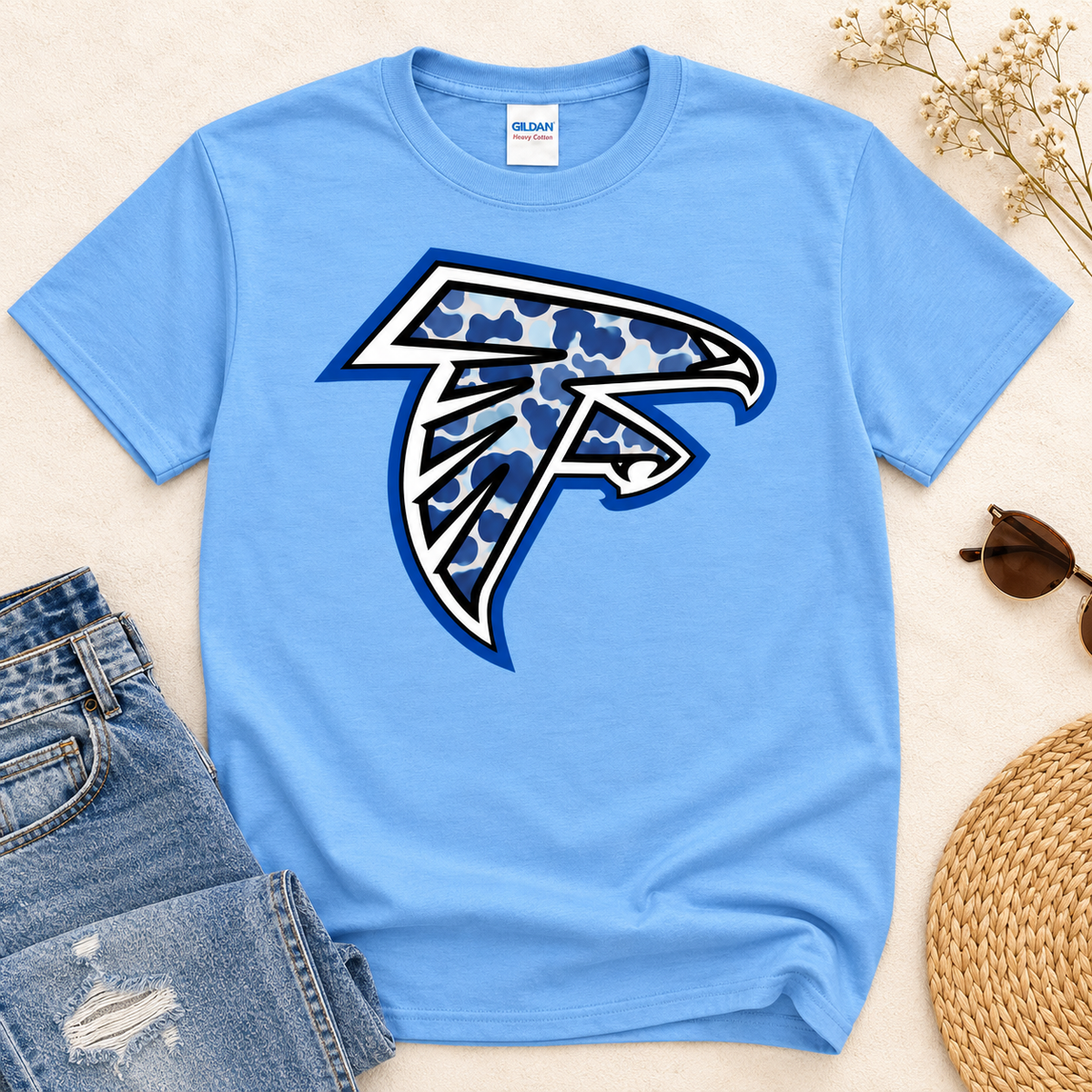 Falcons blue spotted logo boutique flat lay T-shirt
