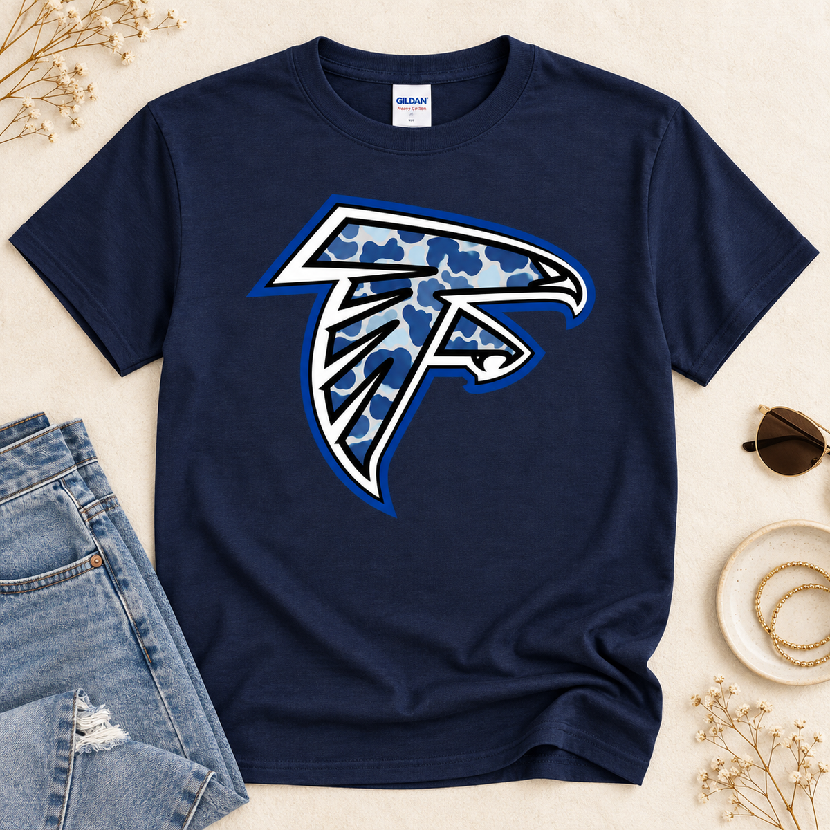Falcons blue spotted logo boutique flat lay T-shirt