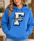 Frankfort Falcons 3D F Ribbon Columbia Blue Hoodie modeled on a woman