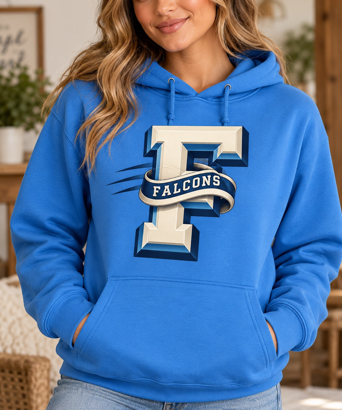 Frankfort Falcons 3D F Ribbon Columbia Blue Hoodie modeled on a woman