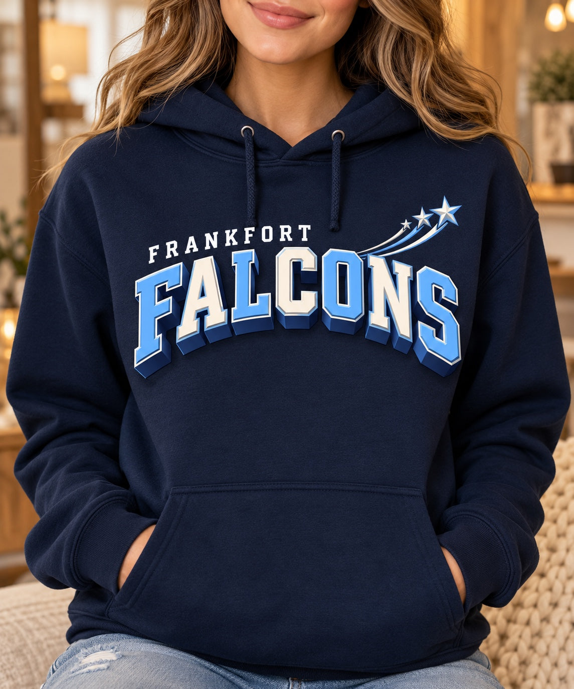 Frankfort Falcons 3D Stars Navy Hoodie modeled on a woman