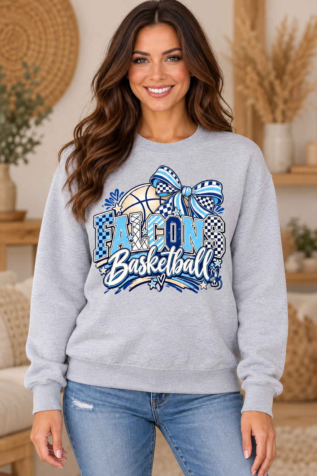 Model wearing Heather Gray Falcons Basketball Checkered Bow Crewneck