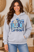 Model wearing Heather Gray Falcons Basketball Checkered Bow Hoodie