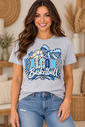 Model wearing Heather Gray Falcons Basketball Checkered Bow T Shirt