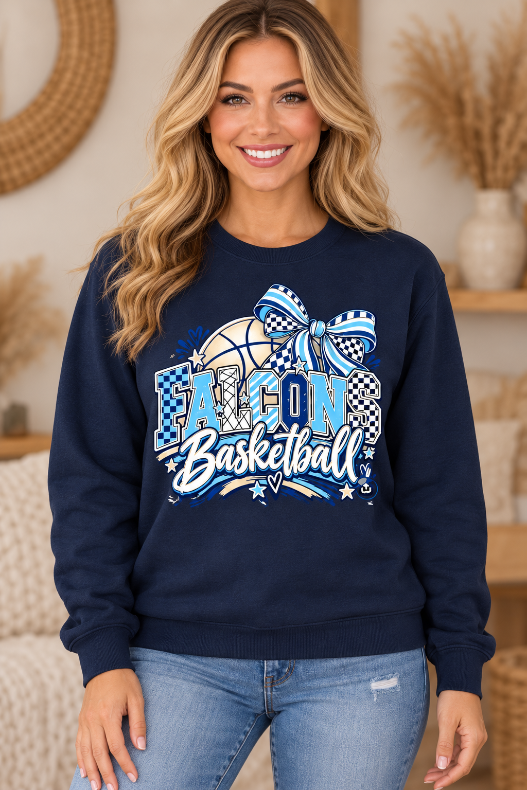 Model wearing Navy Falcons Basketball Checkered Bow Crewneck