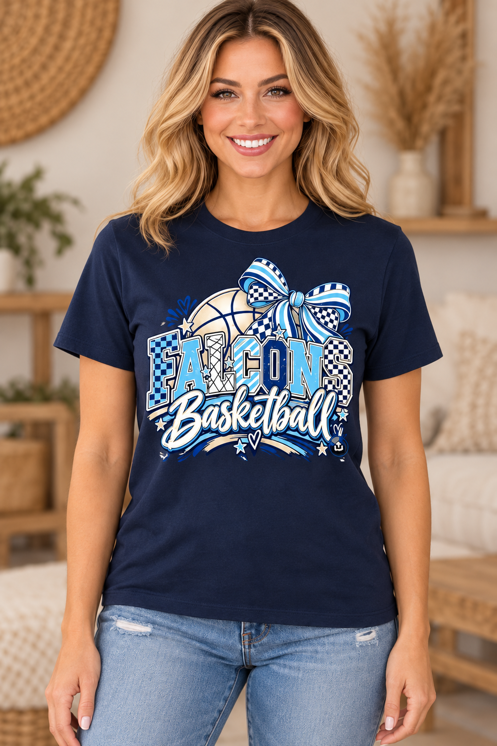 Model wearing Navy Falcons Basketball Checkered Bow T Shirt