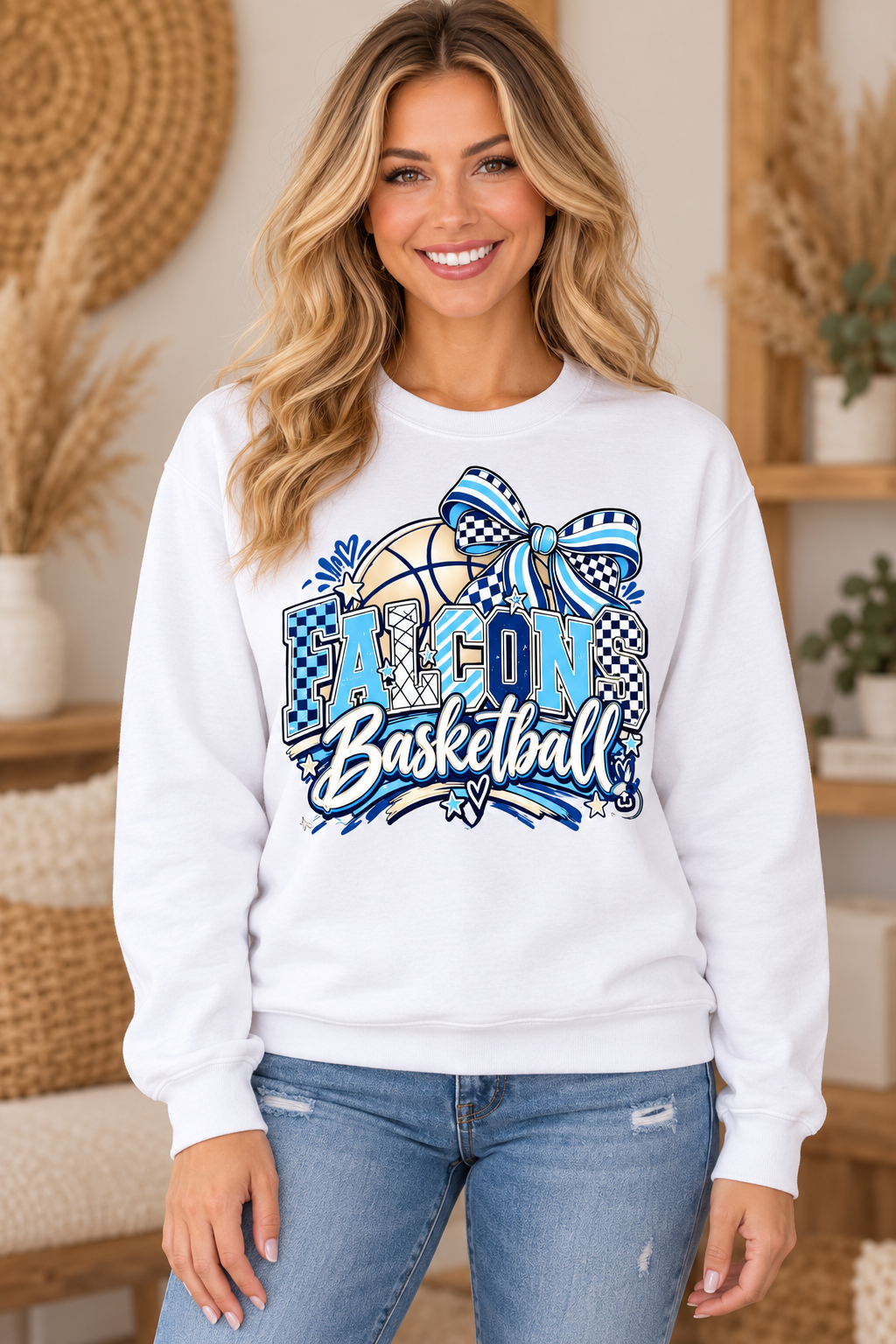 Model wearing White Falcons Basketball Checkered Bow Crewneck