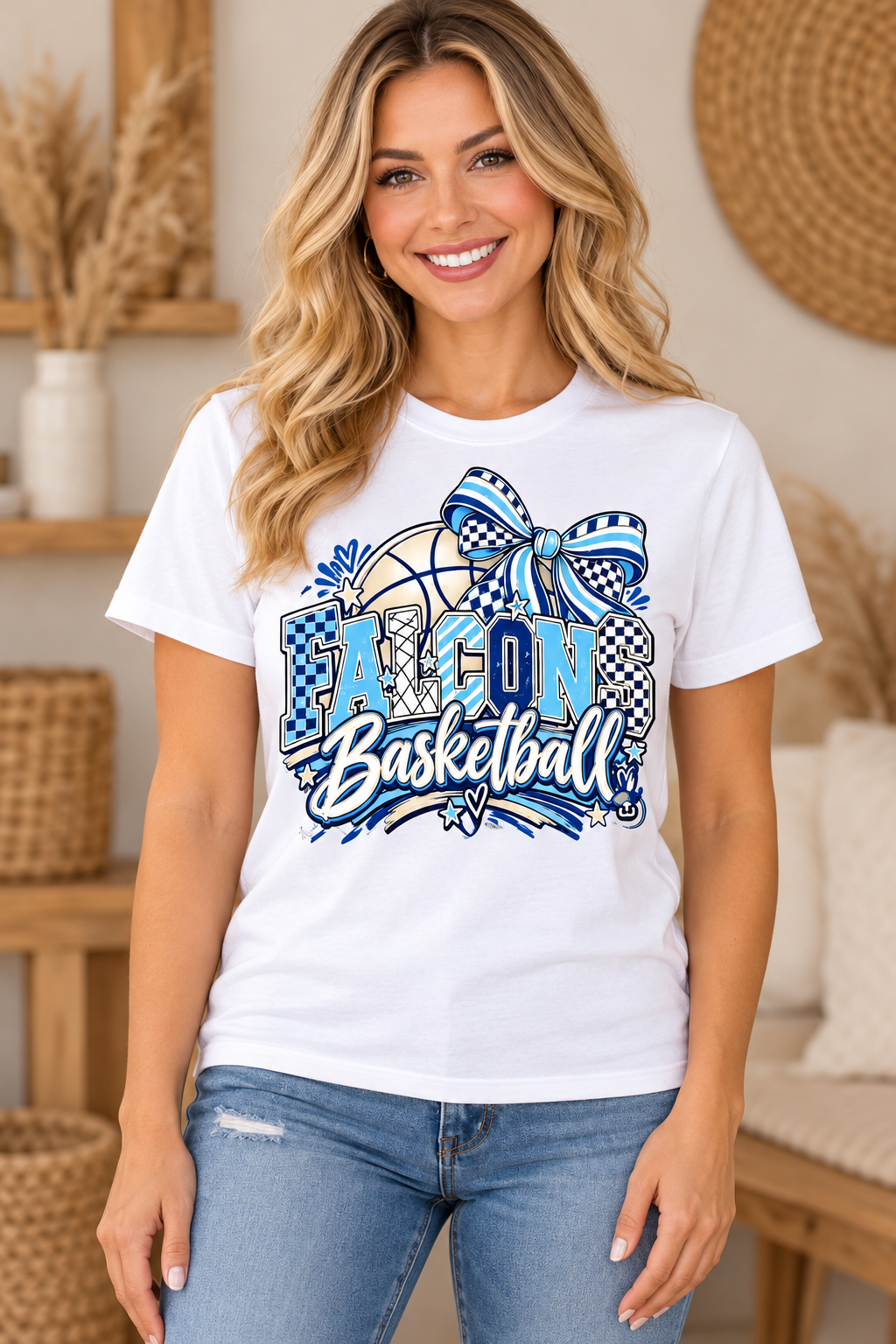 Model wearing White Falcons Basketball Checkered Bow T Shirt