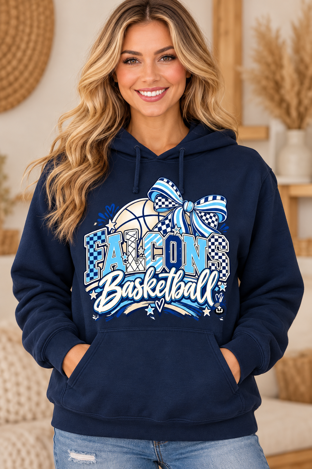 Model wearing navy Falcons Basketball Checkered Bow hoodie