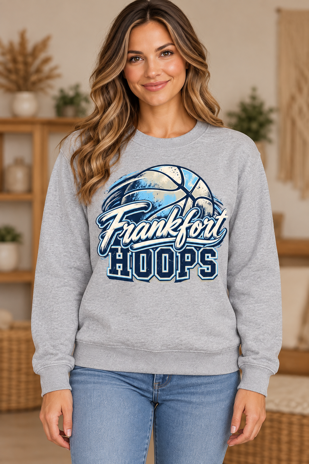 Model wearing Heather Gray Frankfort Hoops Distressed Basketball Crewneck