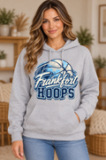 Model wearing Heather Gray Frankfort Hoops Distressed Basketball Hoodie