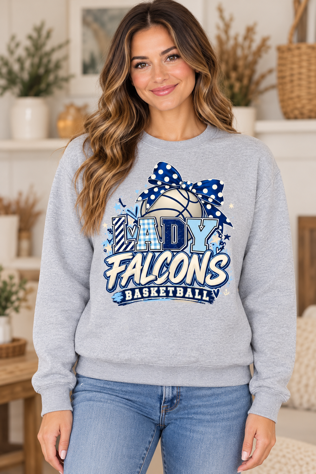 Model wearing Heather Gray Lady Falcons Basketball Polka Dot Bow Crewneck