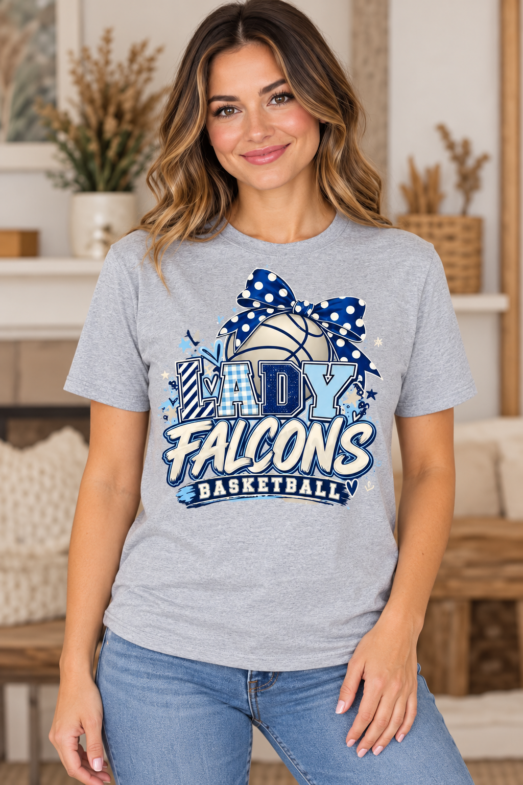Model wearing Heather Gray Lady Falcons Basketball Polka Dot Bow T Shirt