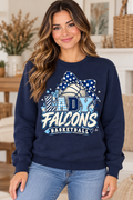 Model wearing Navy Lady Falcons Basketball Polka Dot Bow Crewneck