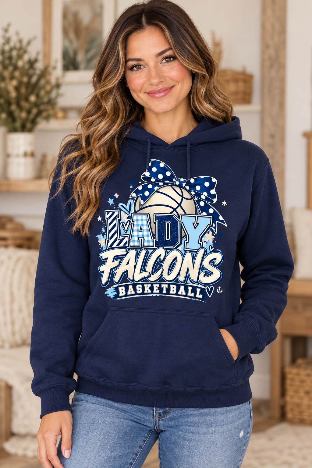 Model wearing Navy Lady Falcons Basketball Polka Dot Bow Hoodie