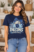 Model wearing Navy Lady Falcons Basketball Polka Dot Bow T Shirt
