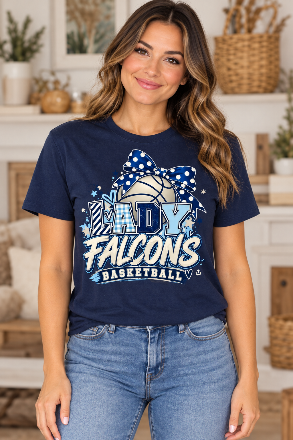 Model wearing Navy Lady Falcons Basketball Polka Dot Bow T Shirt