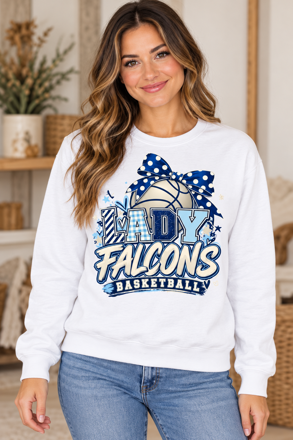 Model wearing White Lady Falcons Basketball Polka Dot Bow Crewneck