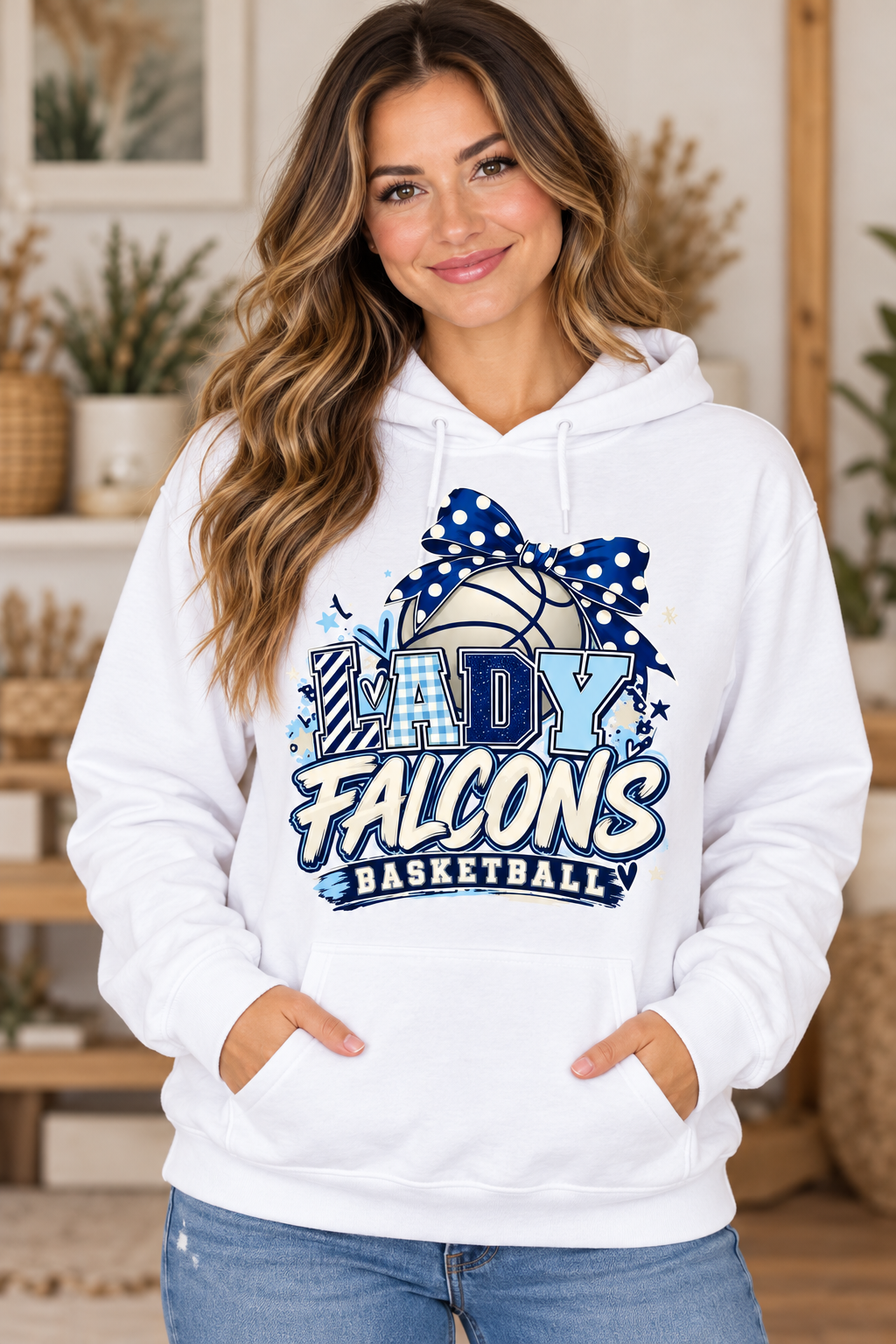 Model wearing White Lady Falcons Basketball Polka Dot Bow Hoodie