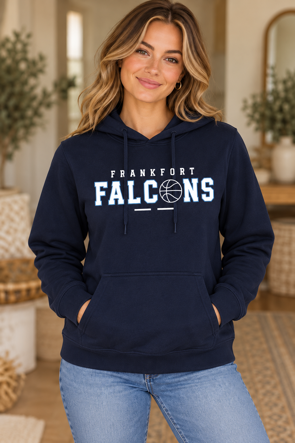 Model wearing Navy Frankfort Falcons Basketball Minimal Hoodie