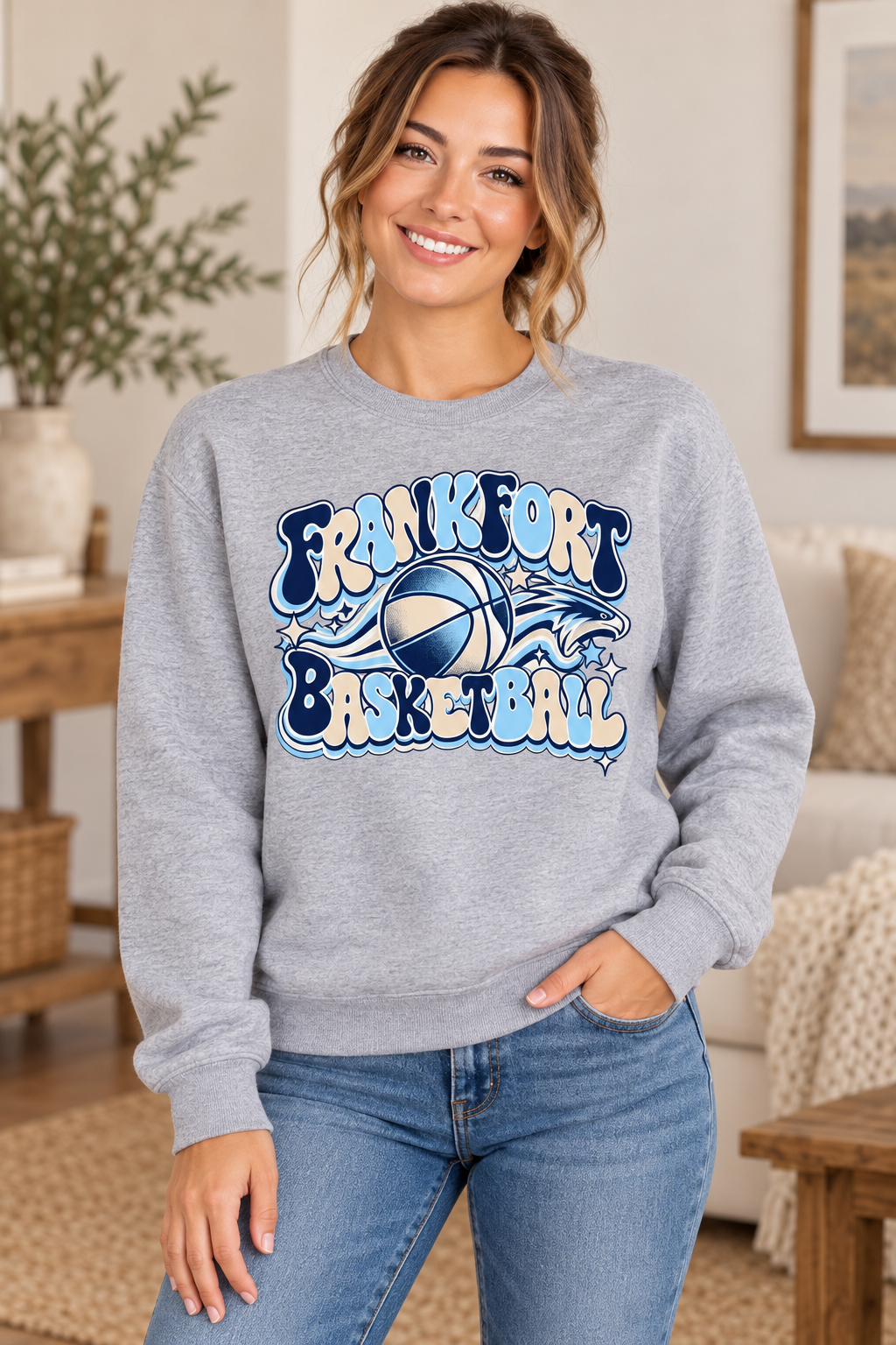 Model wearing Heather Gray Frankfort Basketball Retro Falcon Crewneck