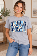 Model wearing Heather Gray Frankfort Basketball Retro Falcon T Shirt