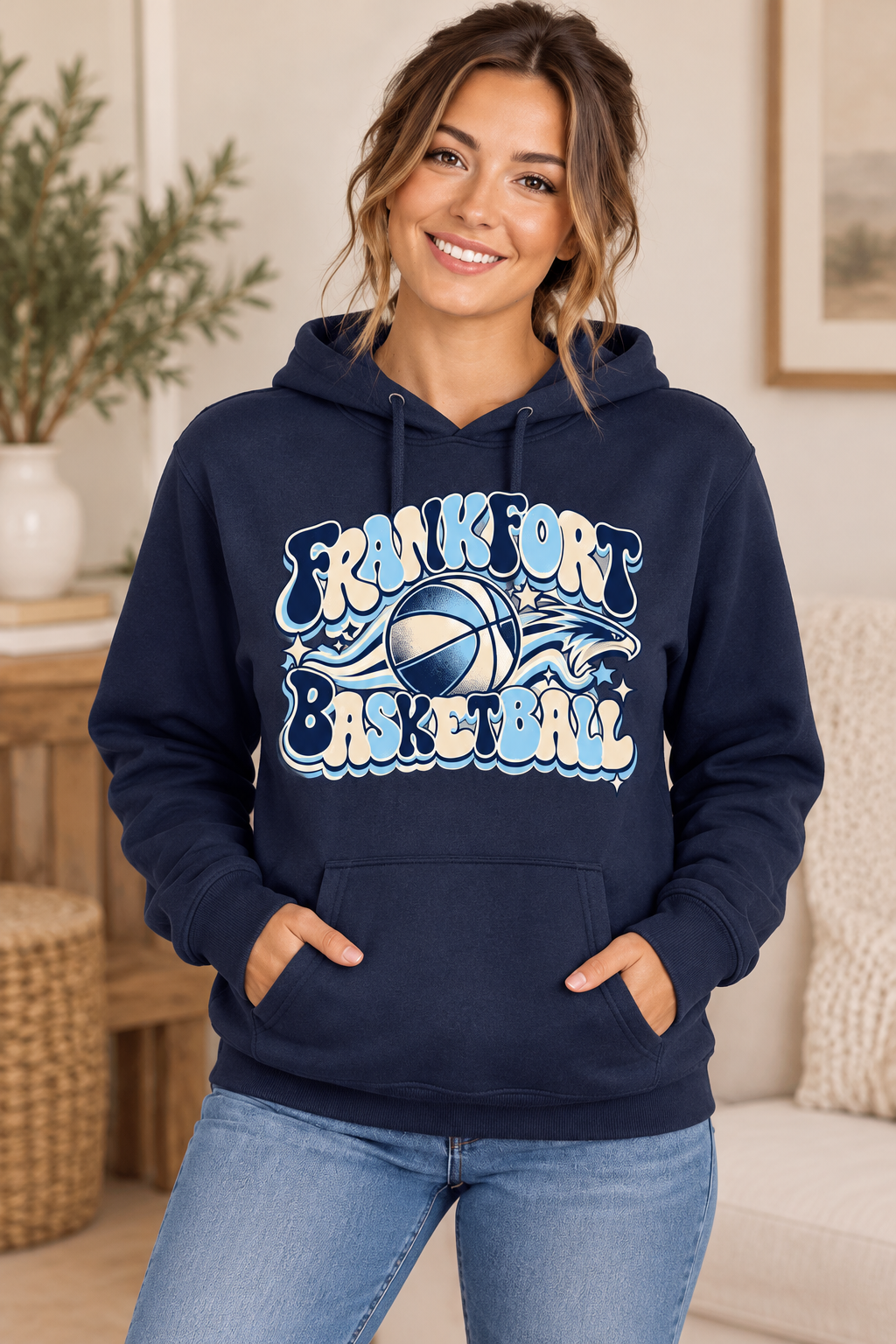Model wearing Navy Frankfort Basketball Retro Falcon Hoodie