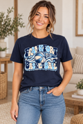Model wearing Navy Frankfort Basketball Retro Falcon T Shirt