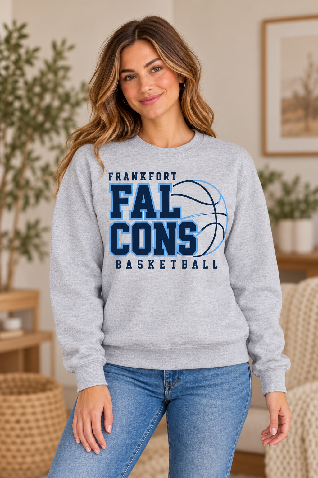 Model wearing Heather Gray Frankfort Falcons Basketball Stacked Crewneck