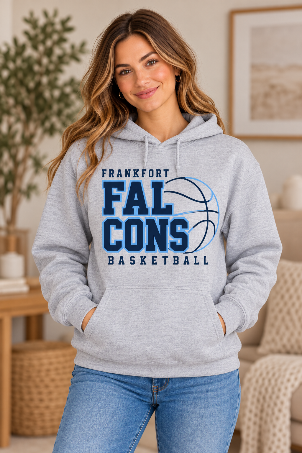 Model wearing Heather Gray Frankfort Falcons Basketball Stacked Hoodie