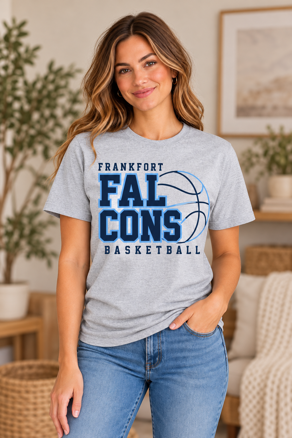 Model wearing Heather Gray Frankfort Falcons Basketball Stacked T Shirt