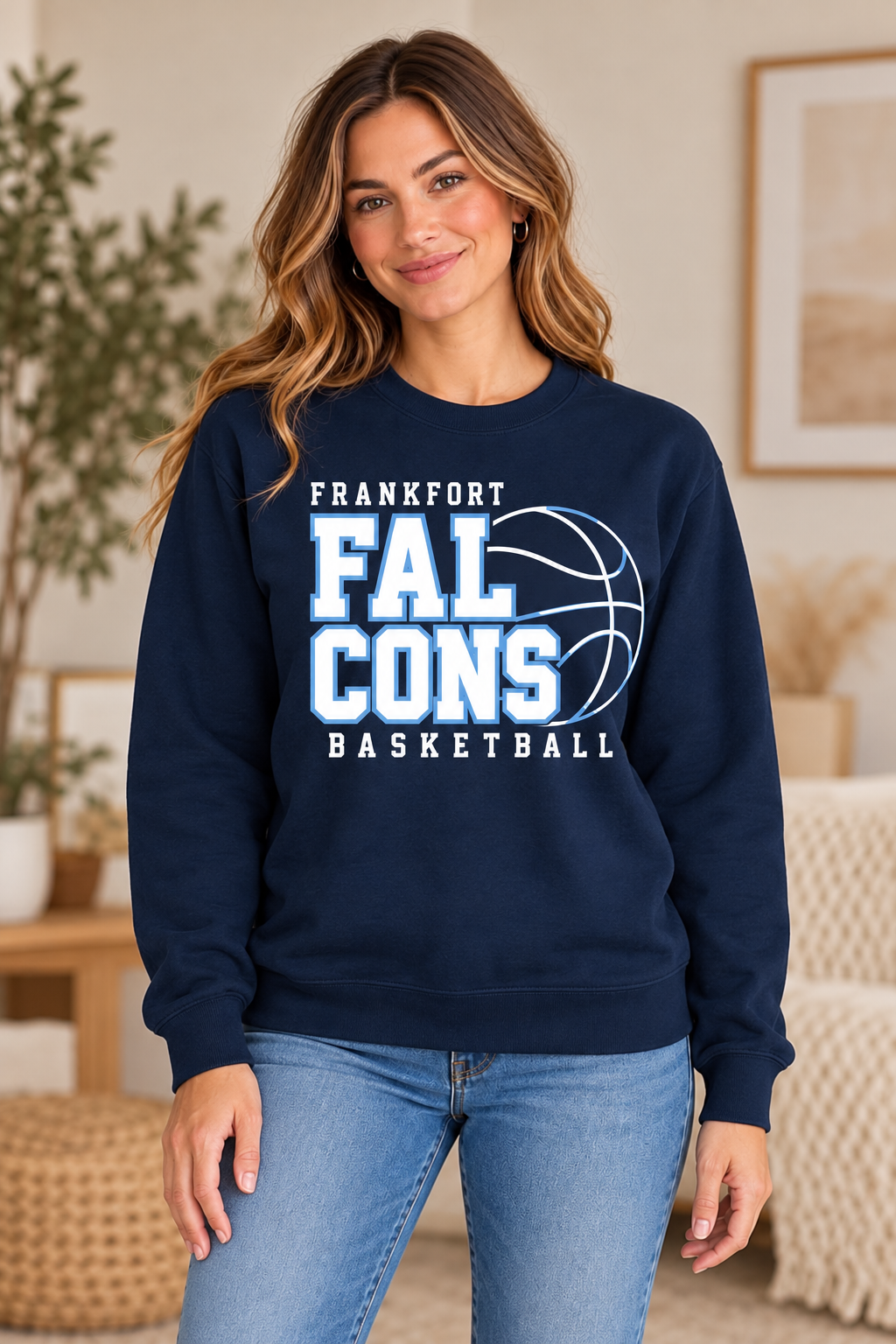 Model wearing Navy Frankfort Falcons Basketball Stacked Crewneck