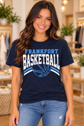 Model wearing Navy Frankfort Basketball Varsity Stripes T Shirt