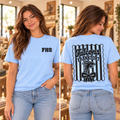 Model showing front and back of Falcons FHS light-blue T shirt