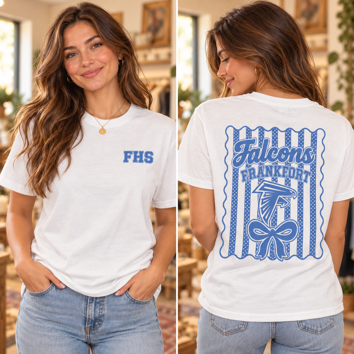Model showing white Falcons FHS shirt front and back in lighter blue print