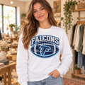 Model wearing Falcons Football Emblem White Long Sleeve