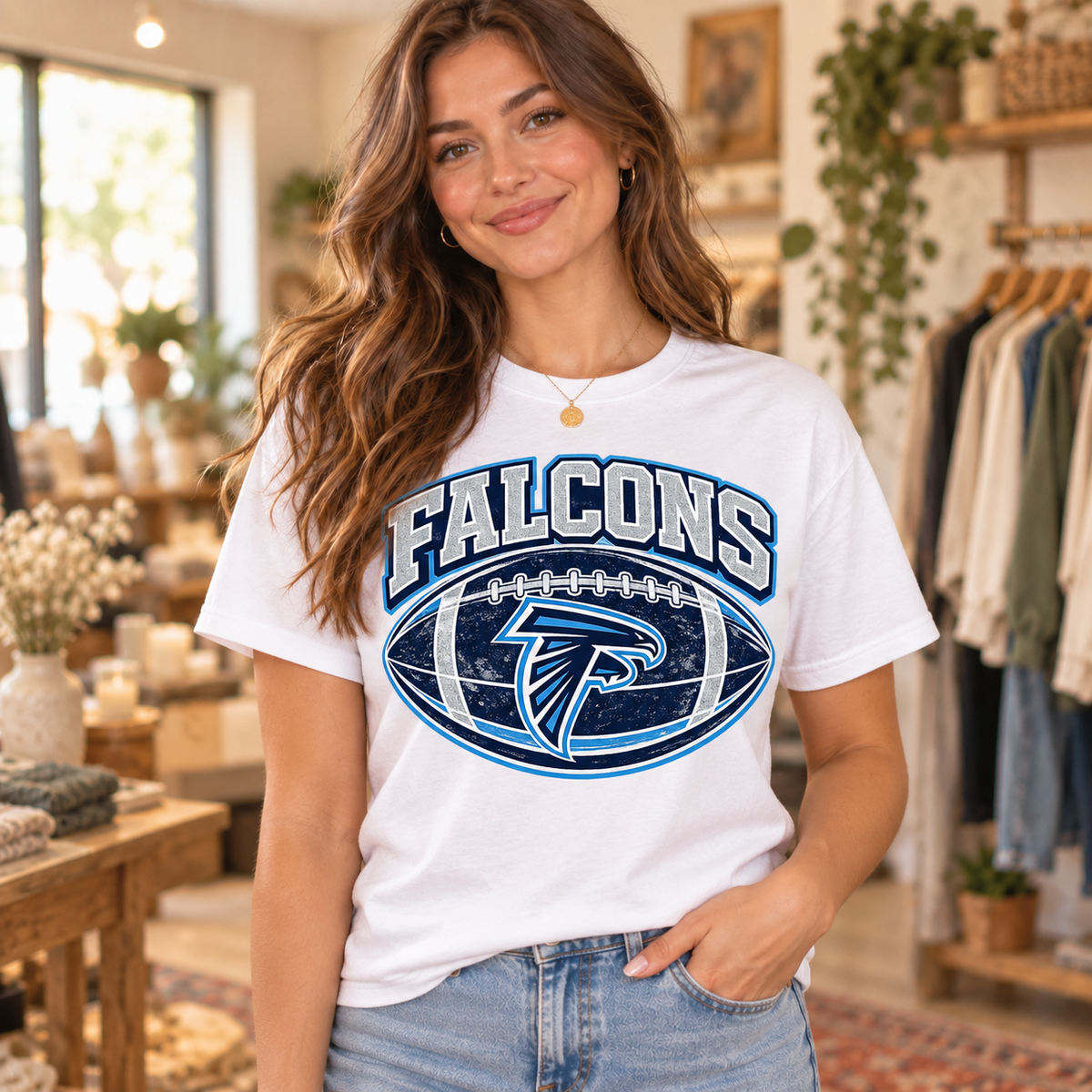 Model wearing Falcons Football Emblem White T Shirt