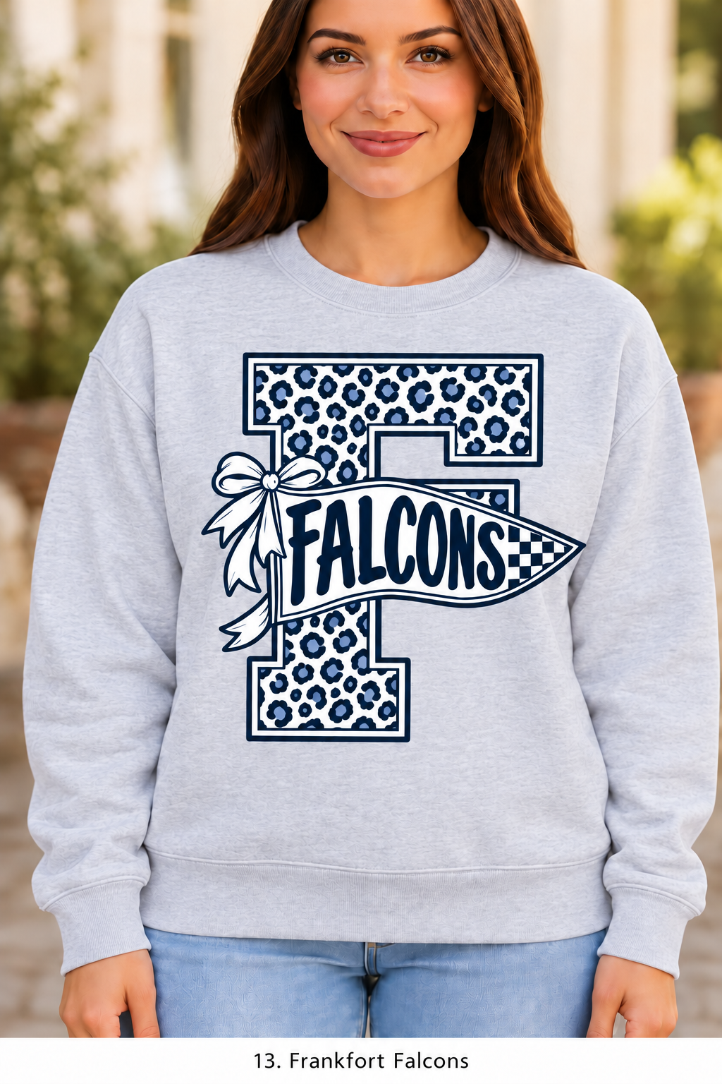 Frankfort Falcons Cheetah Pennant Bow Sport Gray Crewneck