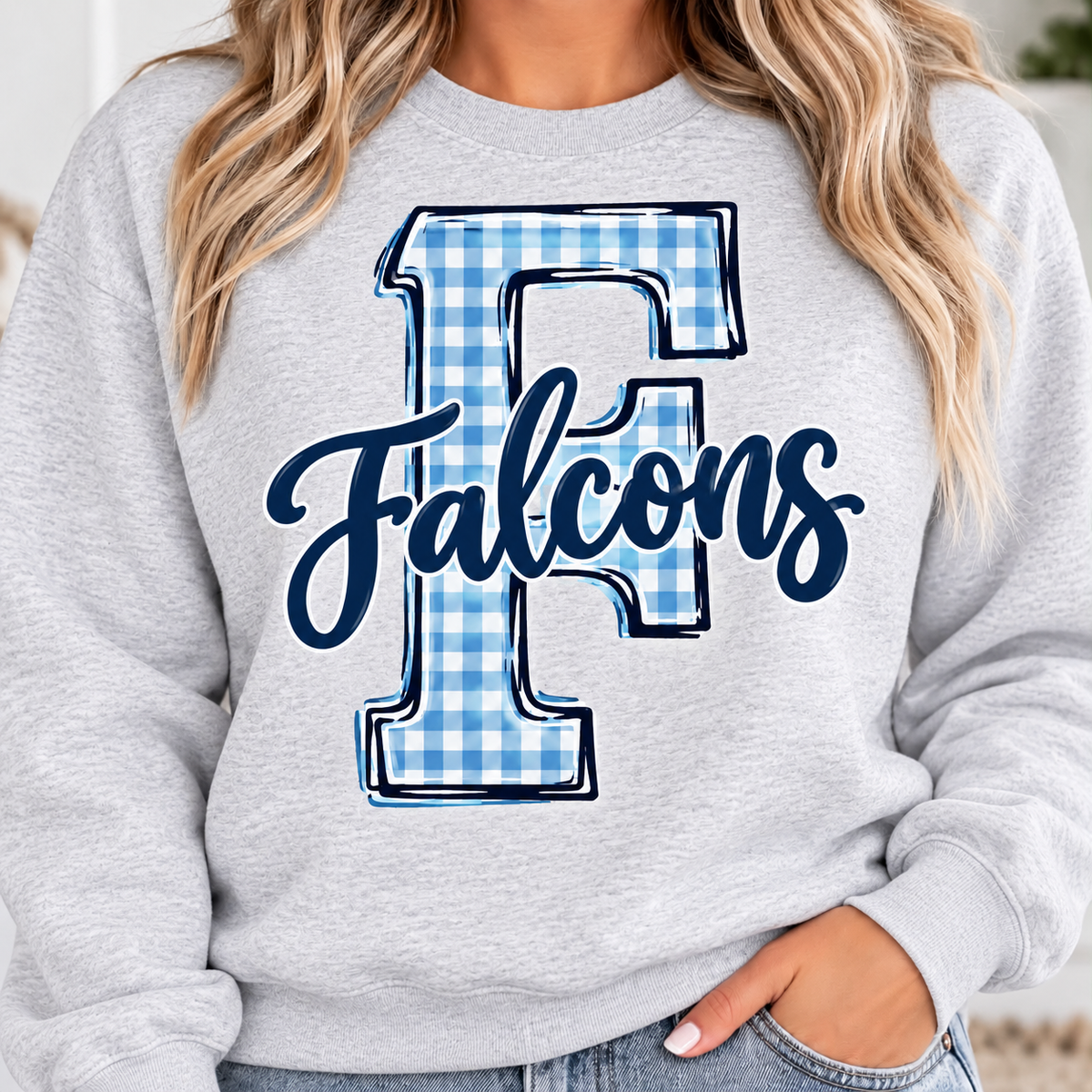 Woman wearing ash Falcons gingham Crewneck