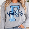 Woman wearing gray Falcons gingham Long Sleeve Shirt