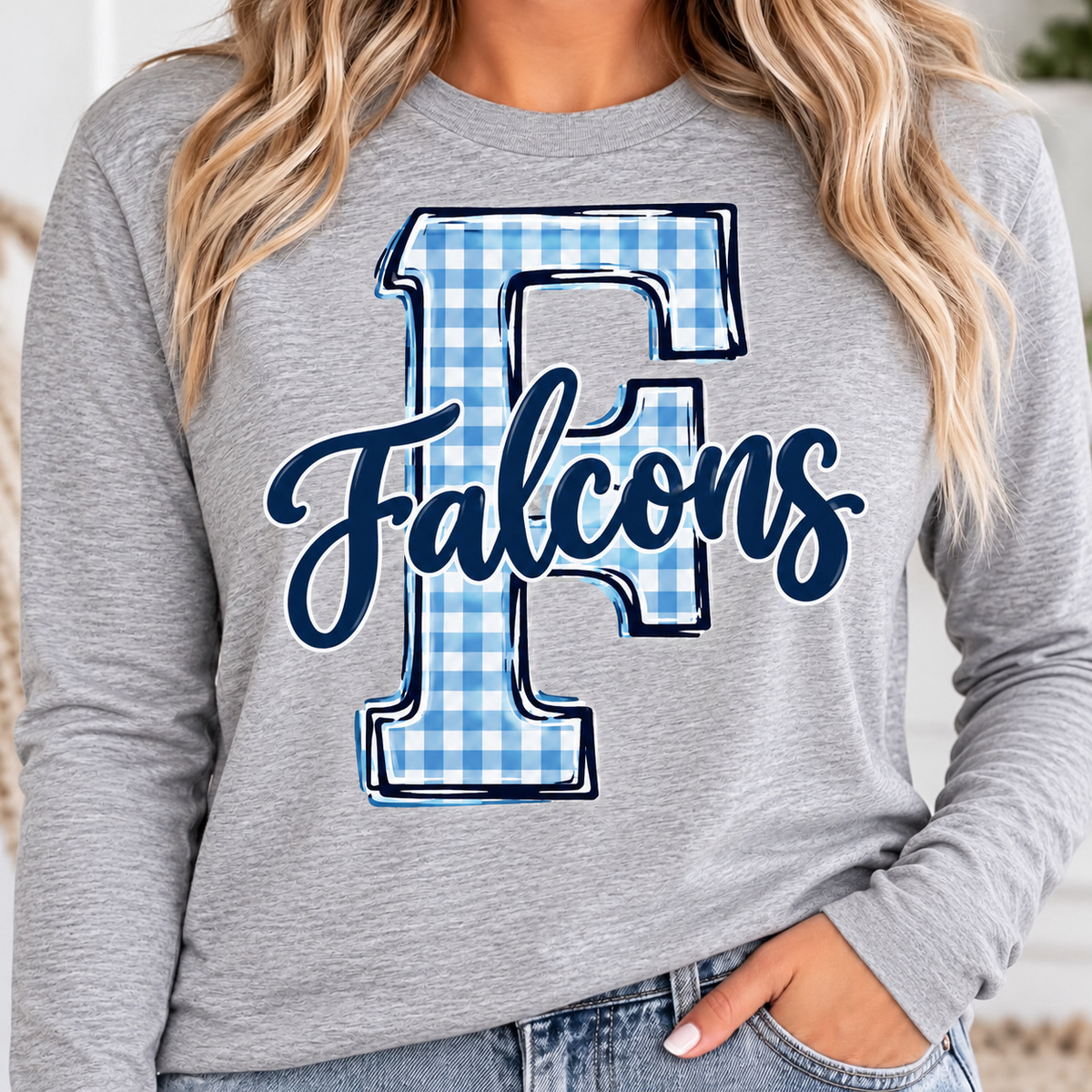 Woman wearing gray Falcons gingham Long Sleeve Shirt