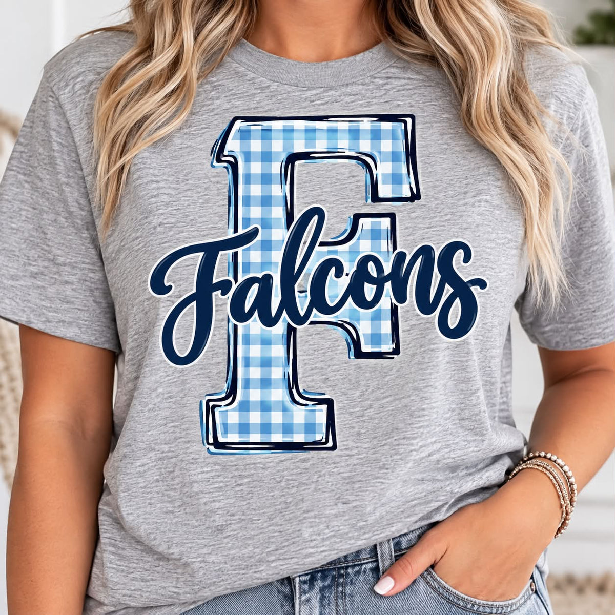 Woman wearing gray Falcons gingham T-Shirt