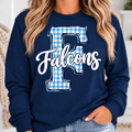Woman wearing navy Falcons gingham Crewneck