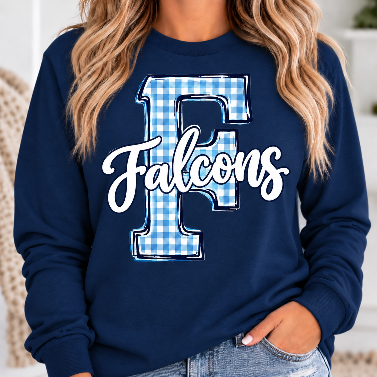 Woman wearing navy Falcons gingham Crewneck